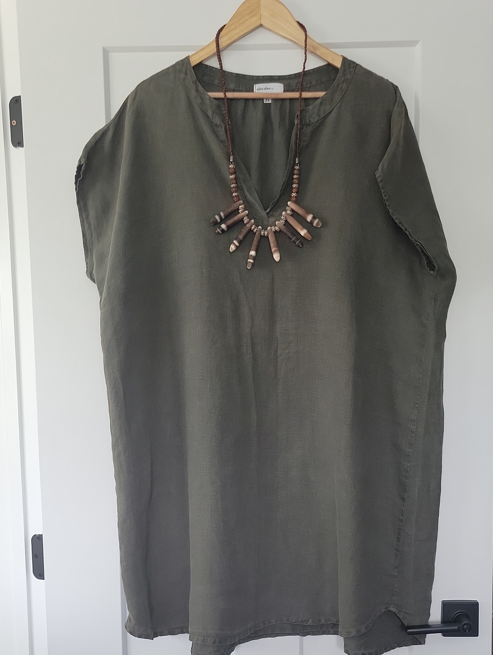 Allen Allen Olive Linen V-Neck Midi Tunic Dress